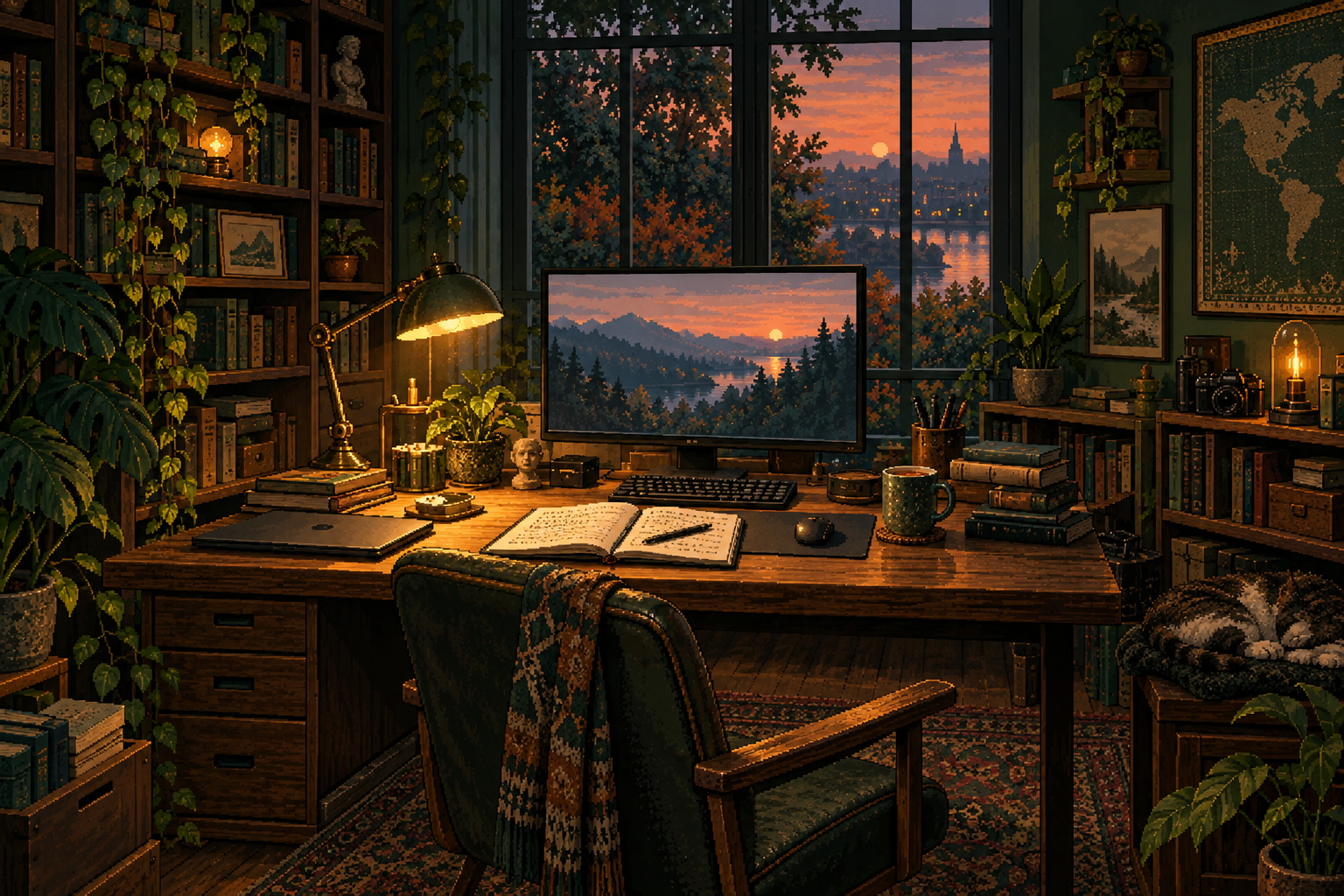 An imagined studio in detailed pixel art: a wooden desk, books and equipment, with warm lamplight and a window framed by deep green shadows.